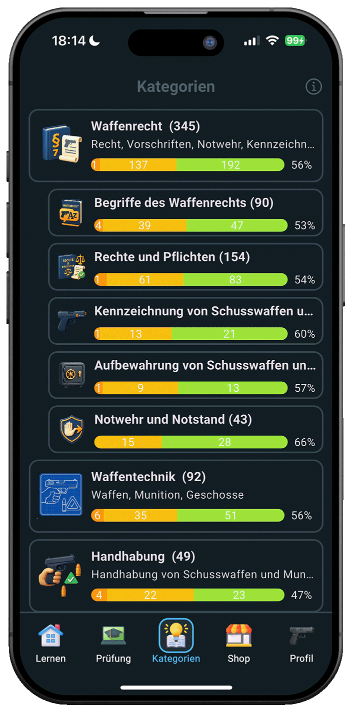 §7 Waffensachkunde Online App – Lernfortschritt